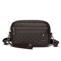 Men's black horizontal messenger bag with geometric pattern and shoulder strap