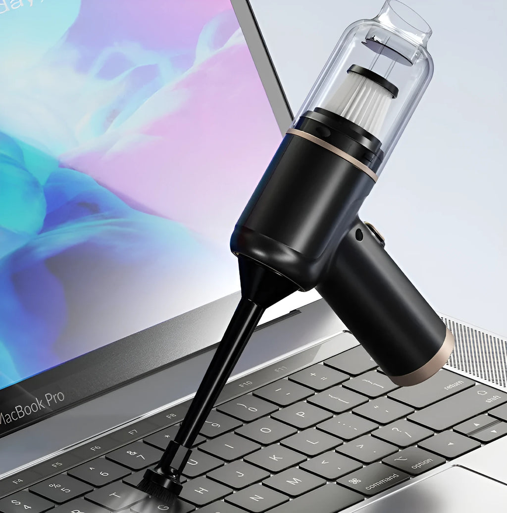 Black wireless car vacuum cleaner with multiple nozzle attachments and a USB charging cable on a car seat.