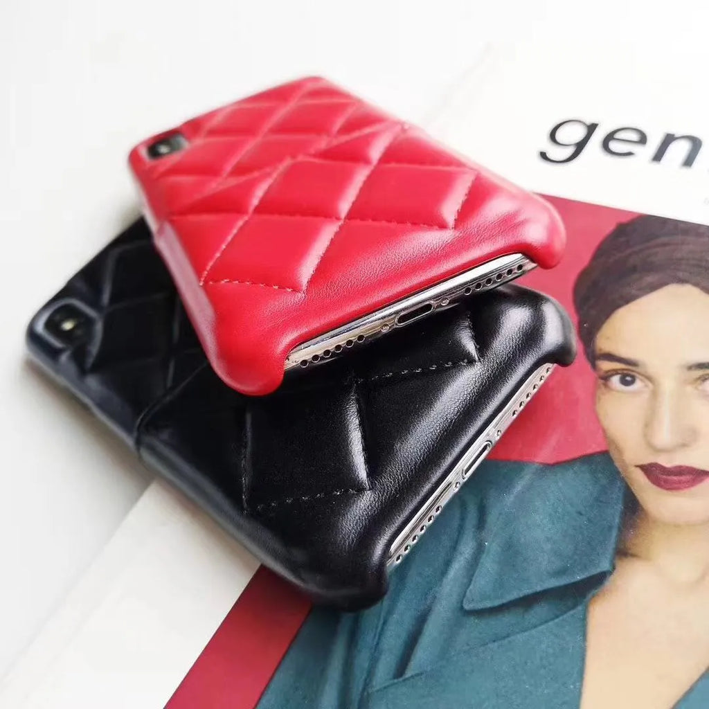Leather iPhone case shown in black, pink, and red, compatible with XS Max, XR, X, 8, 7, and 6 models.