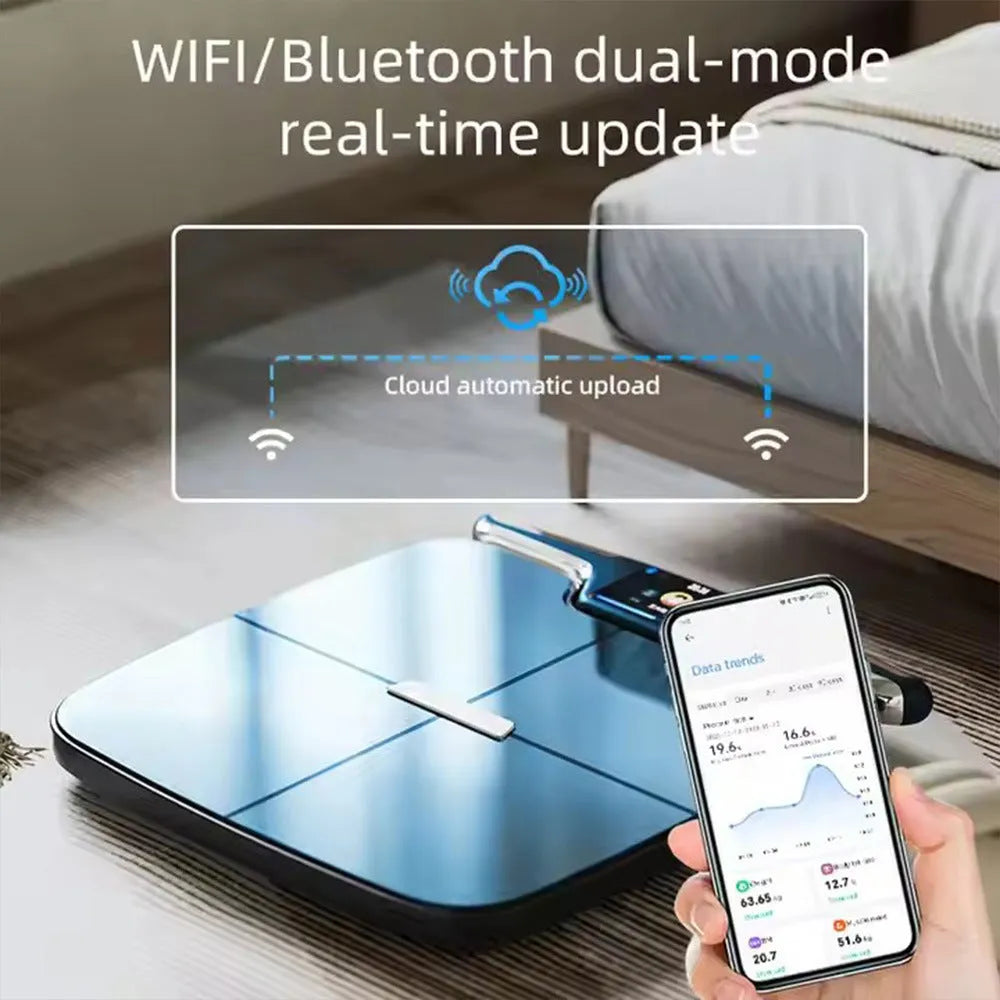 Black eight-electrode smart body composition scale on a floor