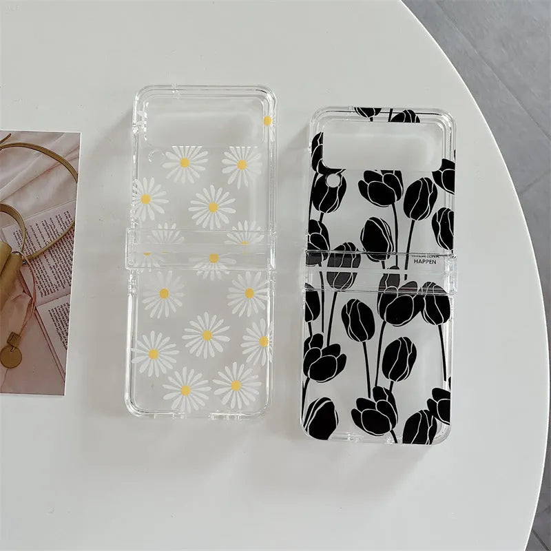 Floral phone case for Samsung Galaxy Z Flip with daisy or tulip patterns on PC material