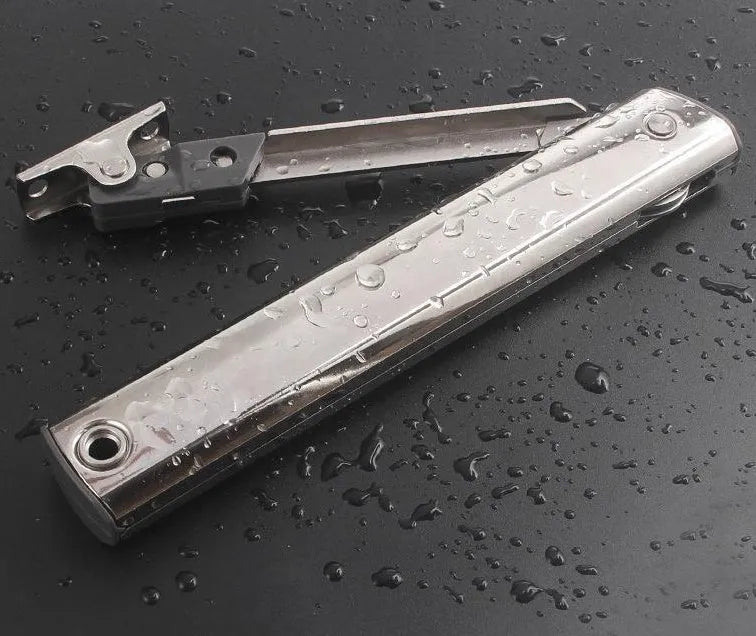 Cold rolled steel support rod for holding open a tatami cabinet's flap-up door.