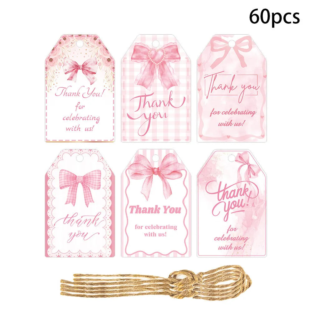 Sixty paper birthday gift tags with bowknot designs and natural hemp rope ties in three decorative styles.