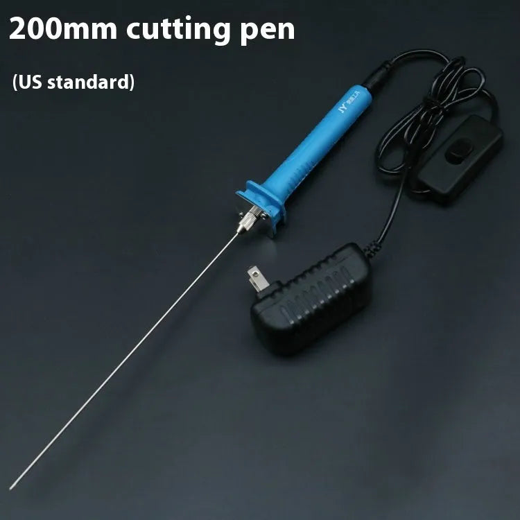 Blue handled electric heating foam cutter pen with a selection of different length metal blades.