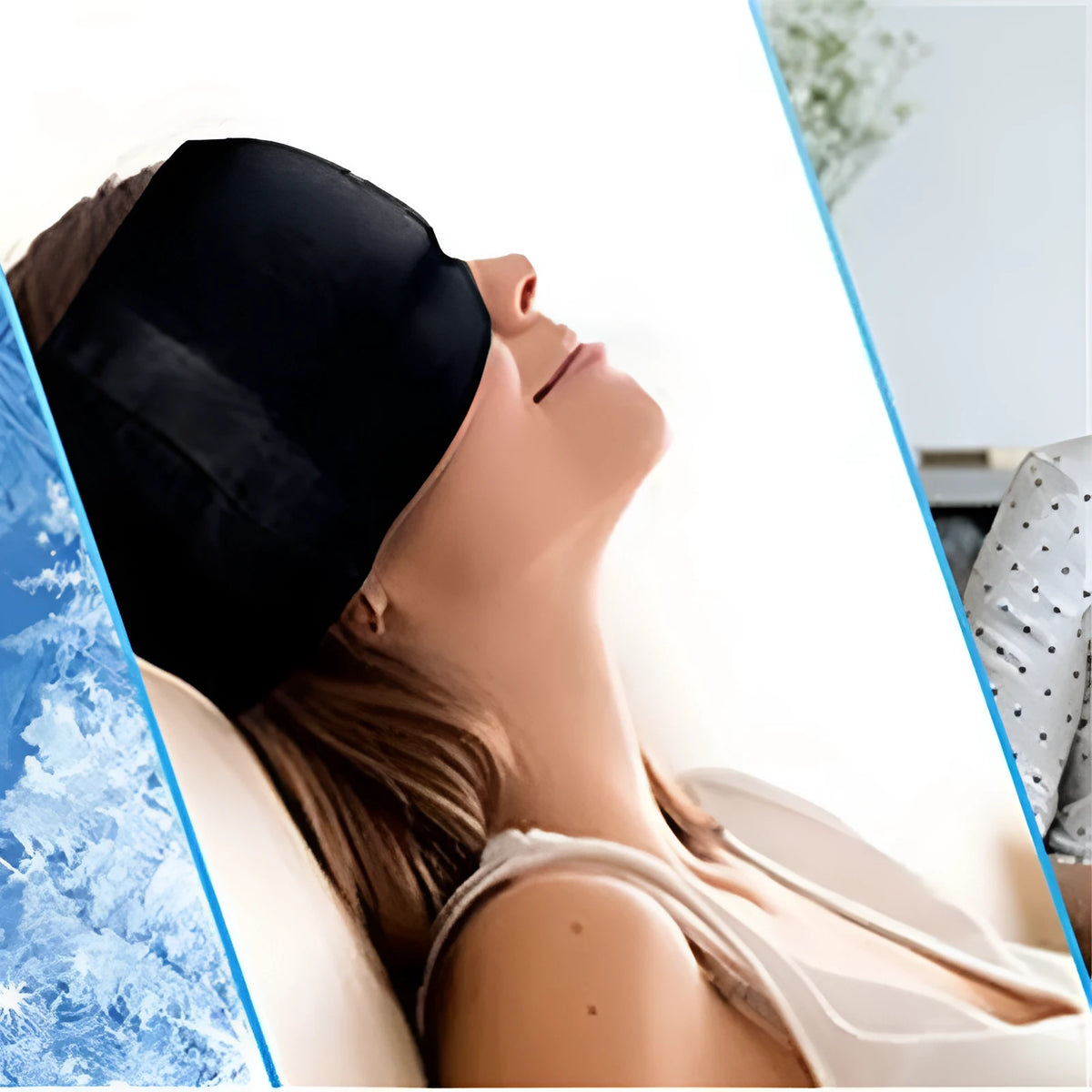 Black elastic cloth gel eye mask for headache relief on forehead