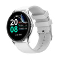 Black smart sports watch with 1.28 inch screen and silicone band showing health monitoring interface