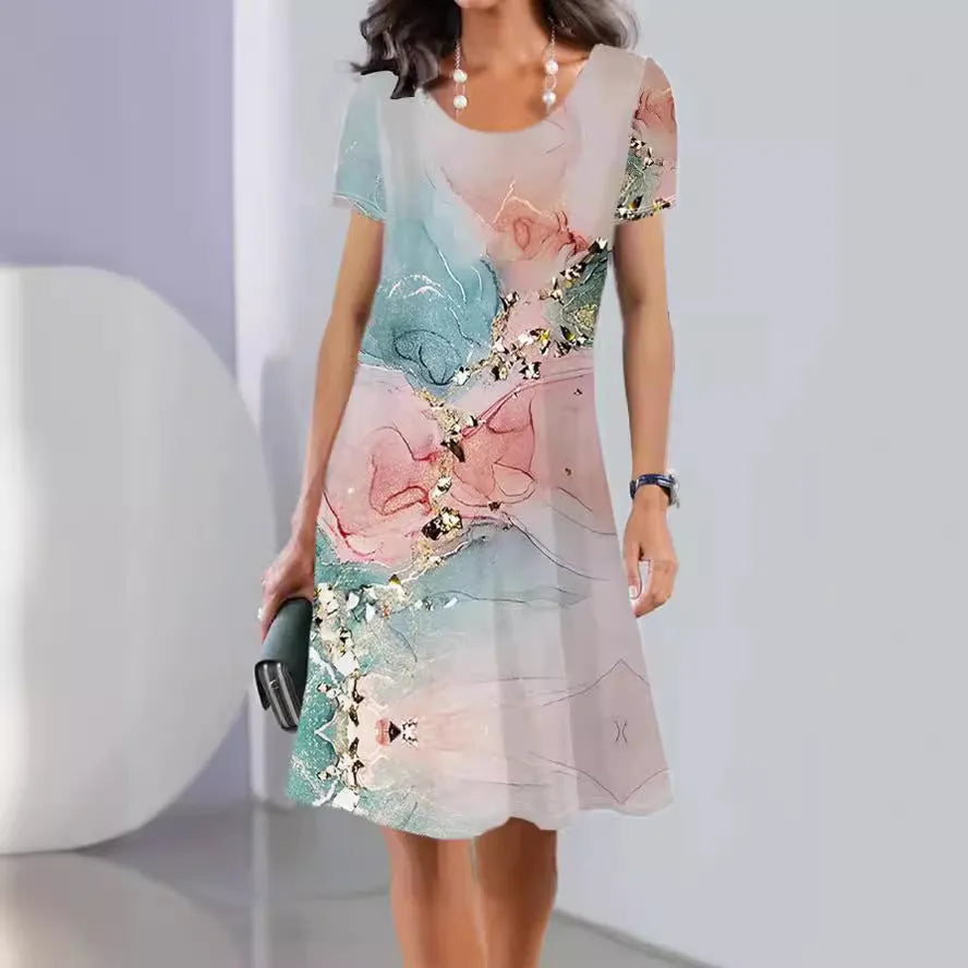 Ice silk floral print mid-length summer dress with round neck and short sleeves on mannequin