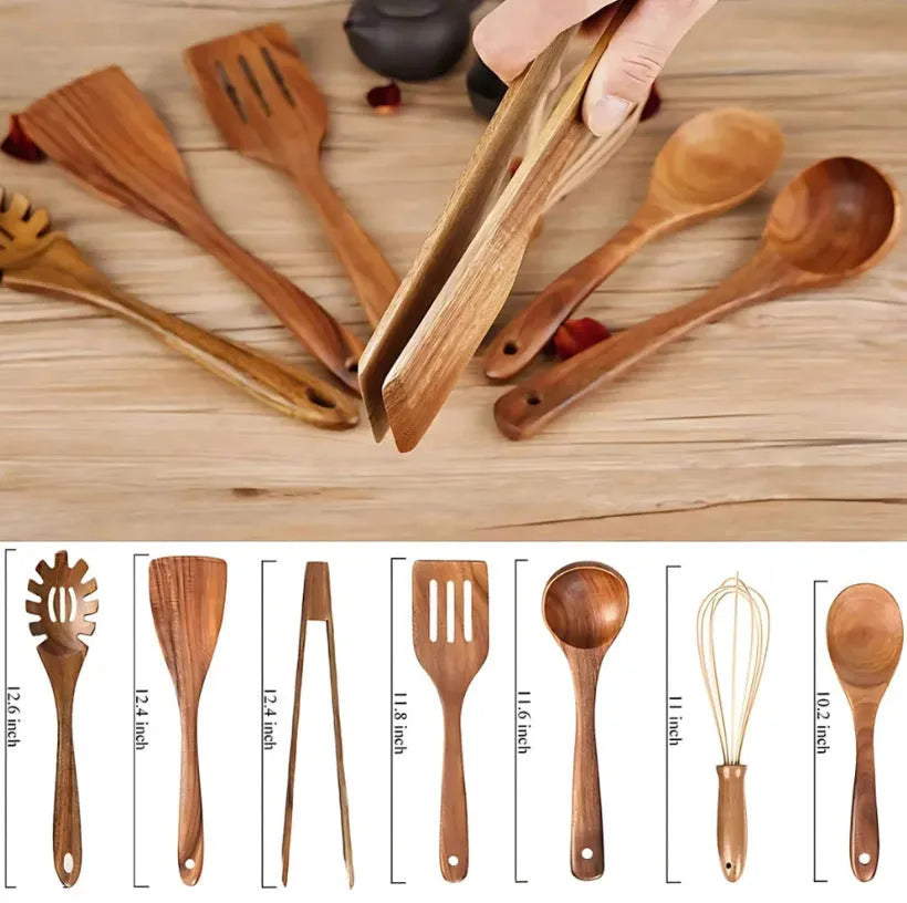 Seven-piece wooden cooking utensil set with spoon and shovel items for non-stick pans