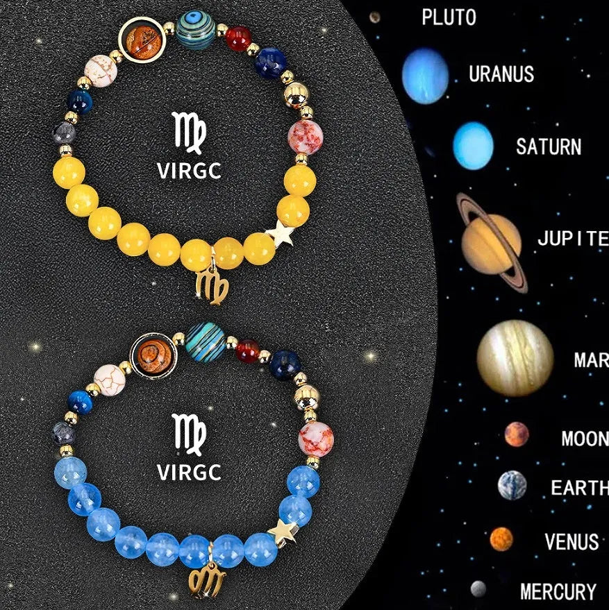 Natural stone zodiac sign beaded bracelets with gemstone beads on elastic cords showing astrology designs