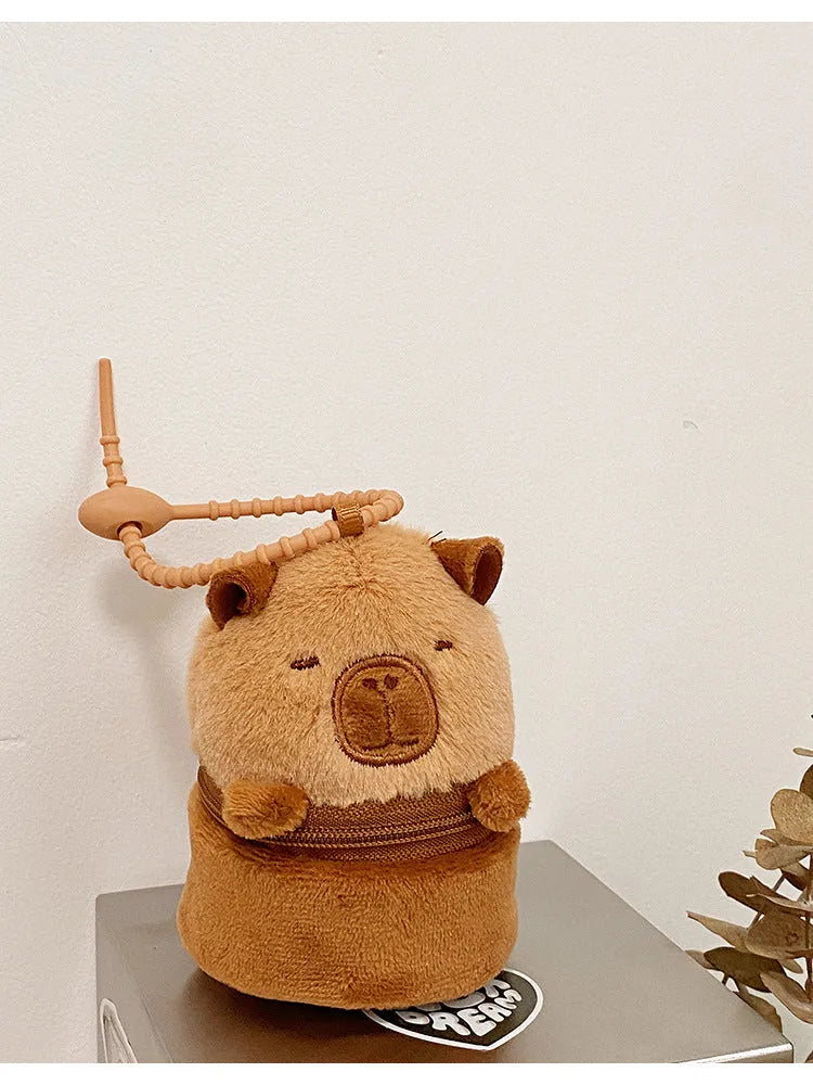 Cute Cartoon Capabala brown plush coin purse and earphone bag with embroidered animal pattern
