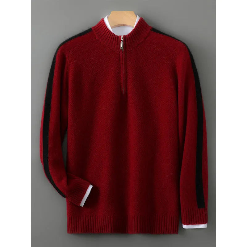 Men's slim fit sheep wool half-zip knitted sweater in Raw Velvet Camel, Pea Green, Gray, and Chinese Red colors