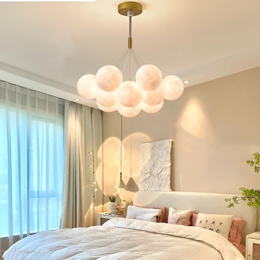 Nordic moon bubble design bedroom chandelier in gold or black with iron body and 12cm spherical details