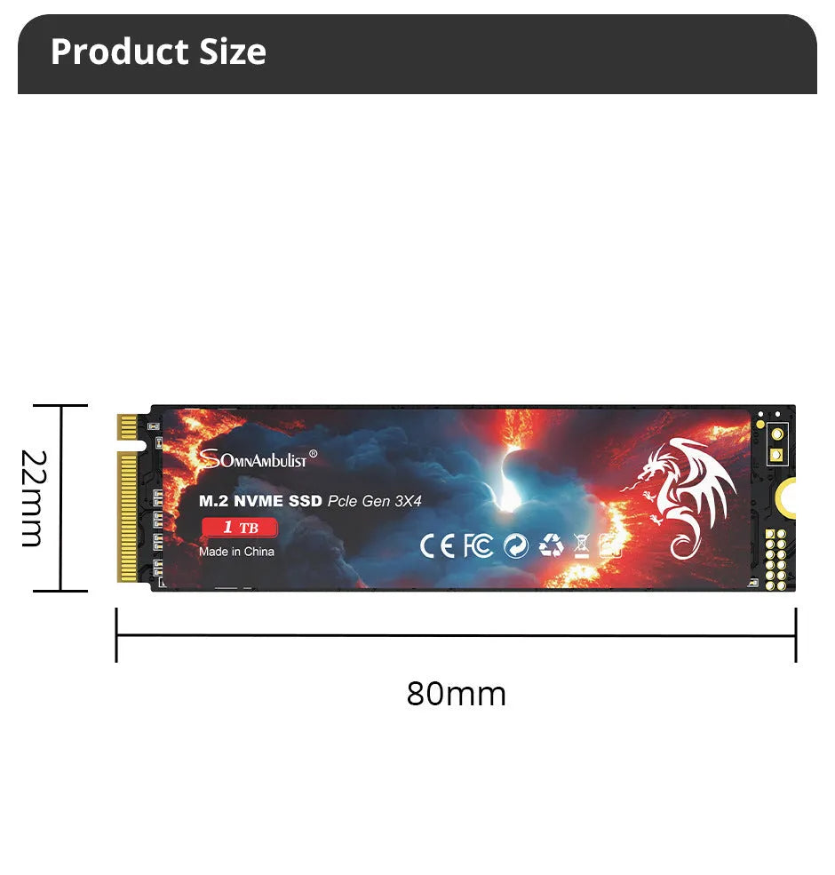 M.2 SATA solid state drive with 80x22x3.5mm dimensions showing capacity options from 128GB to 2TB