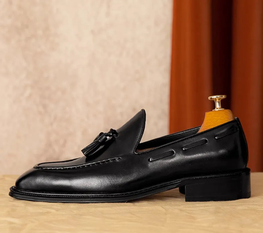 Men's black genuine leather slip-on loafers with rubber sole