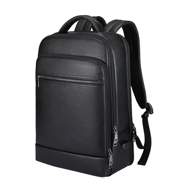 Black genuine leather men's business backpack with curved straps and a professional design.