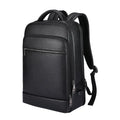 Black genuine leather men's business backpack with curved straps and a professional design.