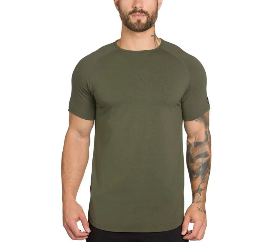 Custom mens fitness sports shirt in cotton spandex blend available in army green black and white