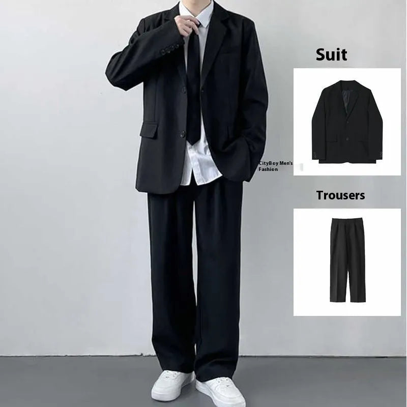 Plus size men's loose fit suit jacket and trousers with white shirt and tie in college style