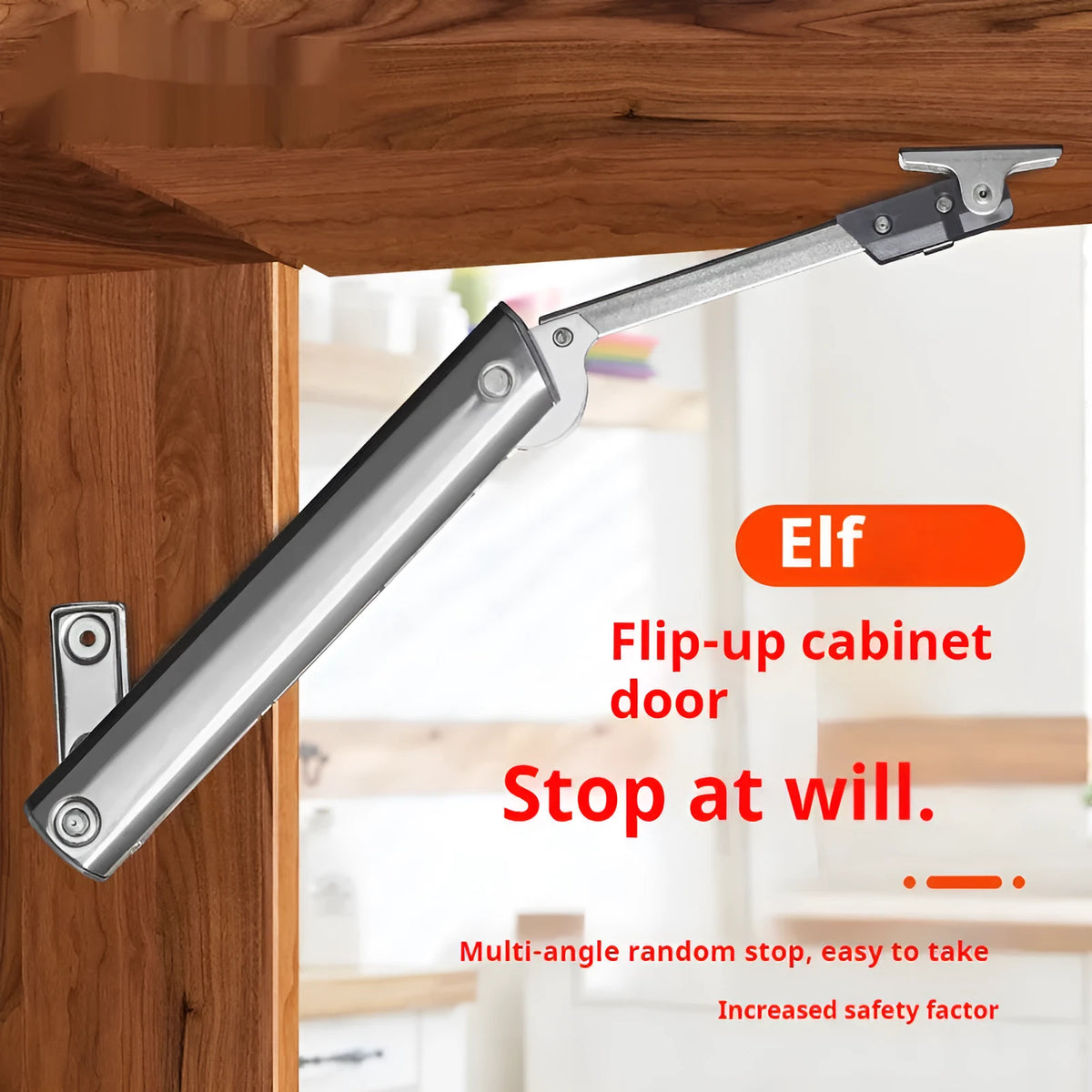 Cold rolled steel support rod for holding open a tatami cabinet's flap-up door.