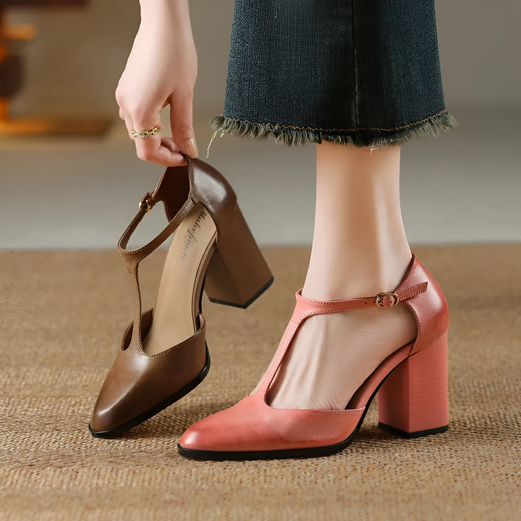 Women's retro pointed toe Mary Jane shoes with buckle fastening in dark brown leather.