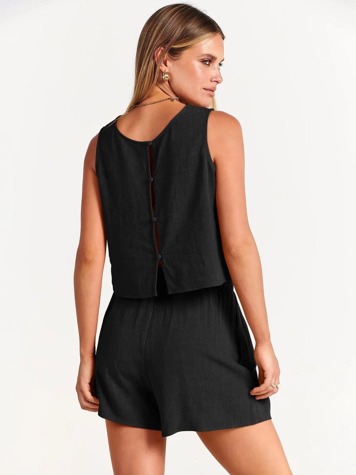 Women's summer two-piece outfit with sleeveless top and drawstring shorts in rayon linen blend