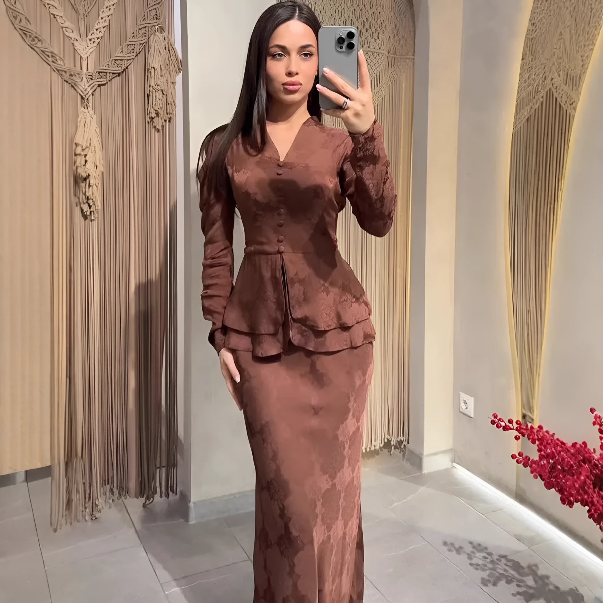 Dark brown artistic retro women's long dress with plant patterns, button details, and long sleeves