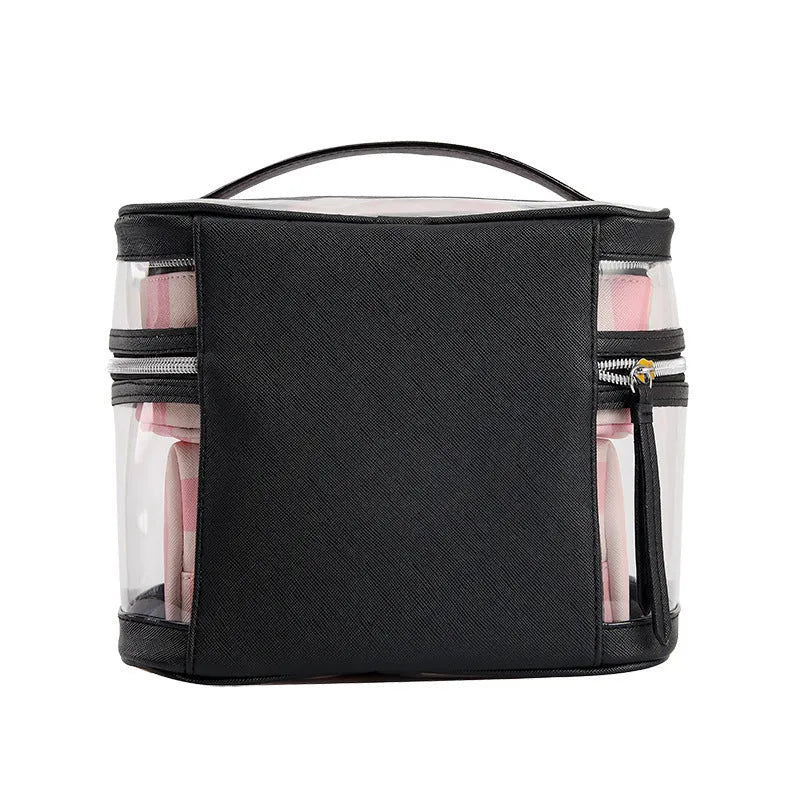 Pink striped floral pattern waterproof synthetic leather folding makeup bag with nylon lining