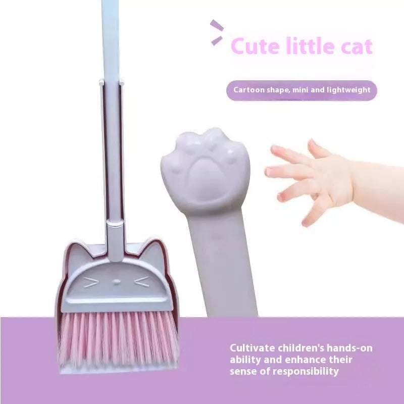 Purple, green and beige broom and dustpan combination set with rotating brush holder