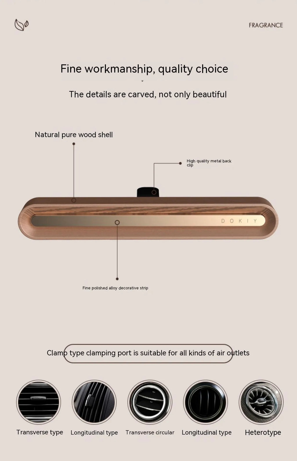 Long strip car aromatherapy ornament in walnut colour, shown clipped to a car air vent.