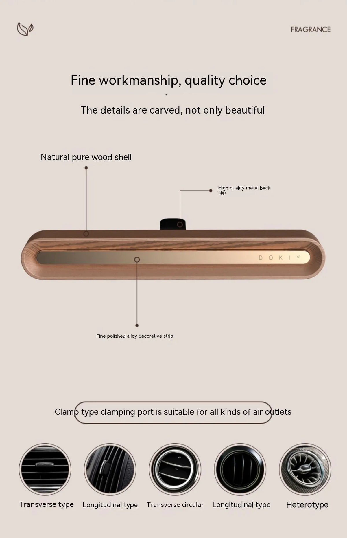 Long strip car aromatherapy ornament in walnut colour, shown clipped to a car air vent.