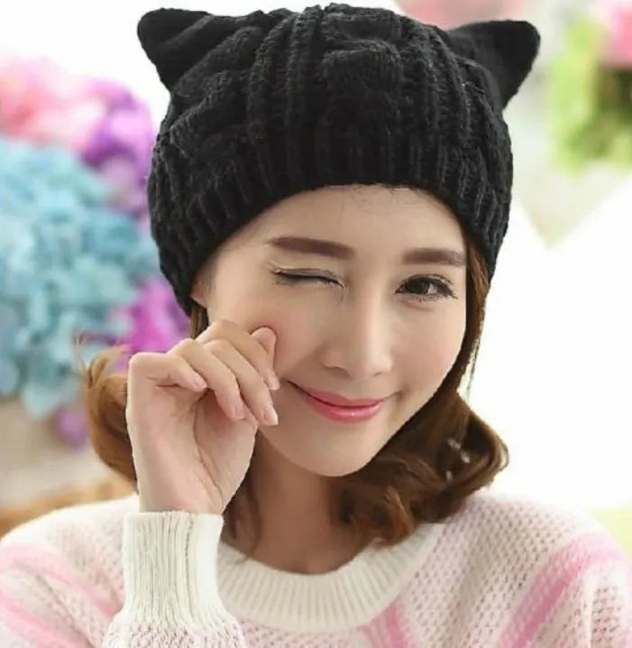 Hand-made knitted winter beanie with 3D cat ears in multiple colour options