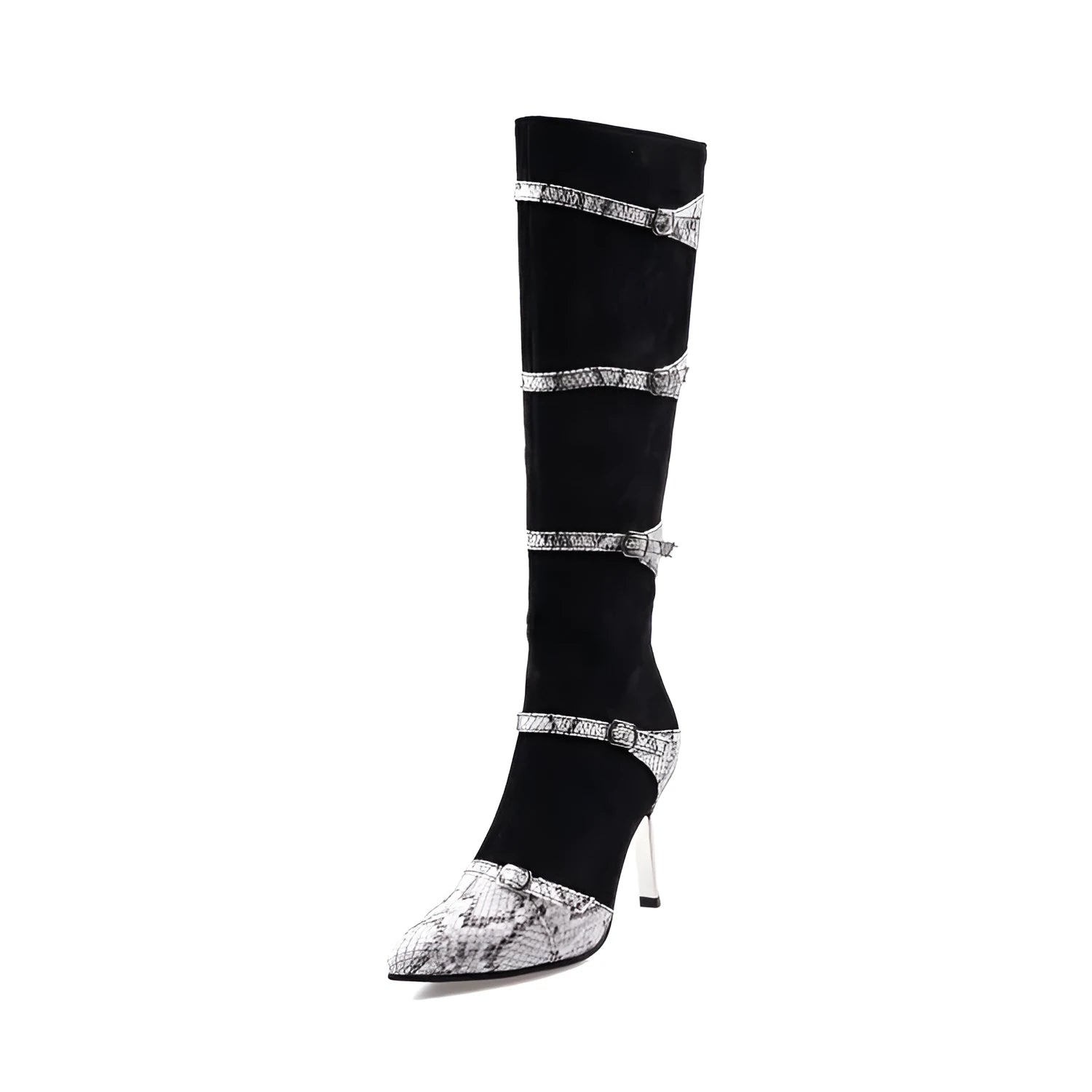 Grey and black women's knee high boots with thin 9cm high heels on a rubber sole.