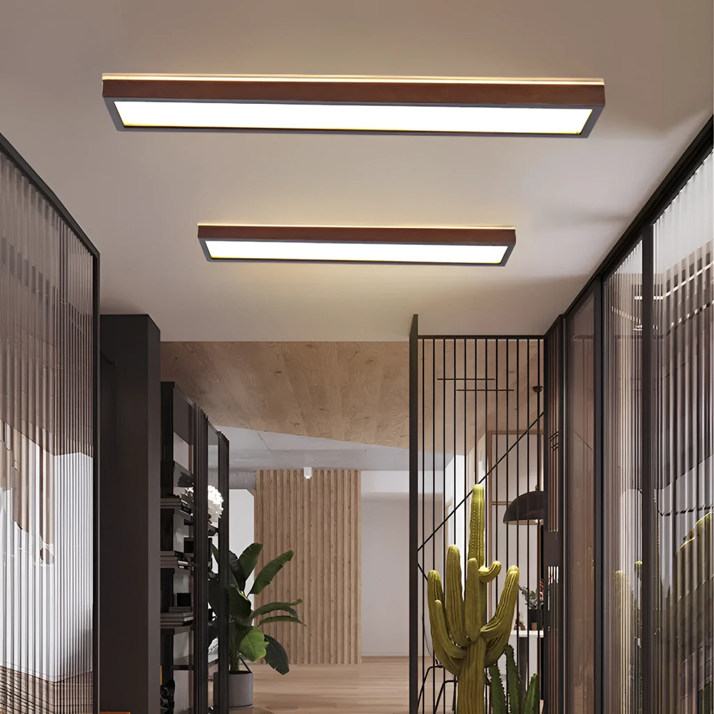 Solid wood long linear ceiling lamp in new Chinese style, shown in multiple length options.