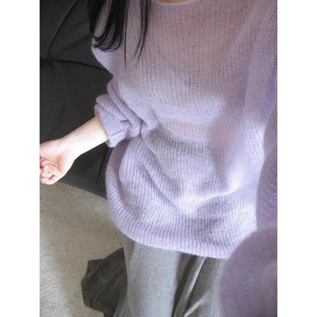 Purple women's blouse with hollow out design, Princess sleeves, and a shoulder strap, made from lightweight Ice Silk fabric.