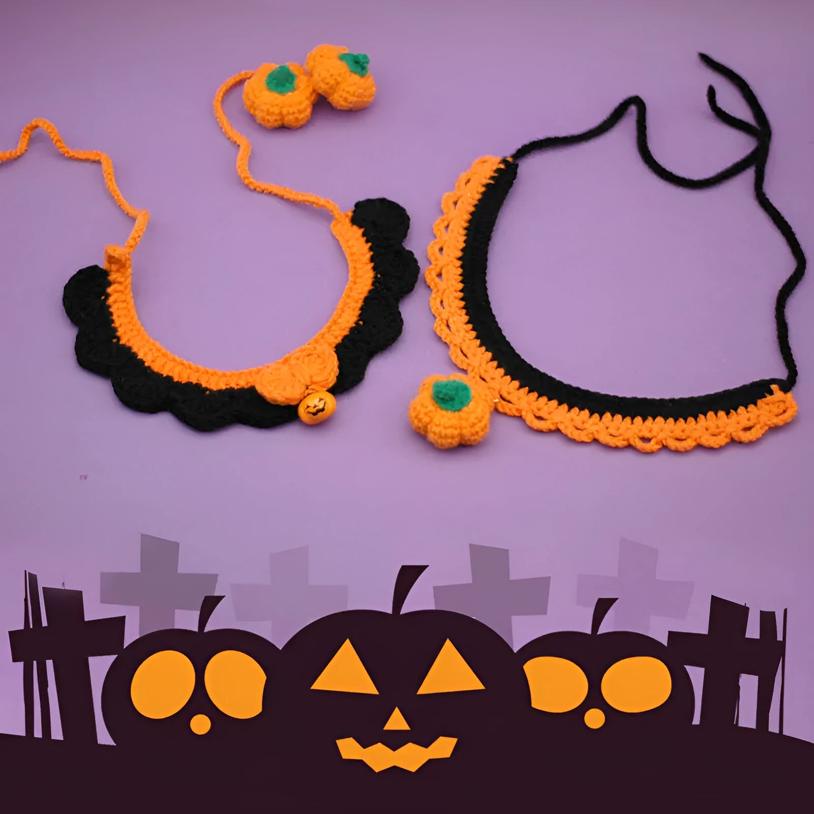 Hand-crocheted wool pet collar with pumpkin design in adjustable sizes for Halloween costumes