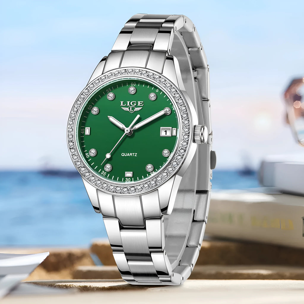 Fashion girl quartz watch with stainless steel case, luminous dial, and spiral crown in silver colour options