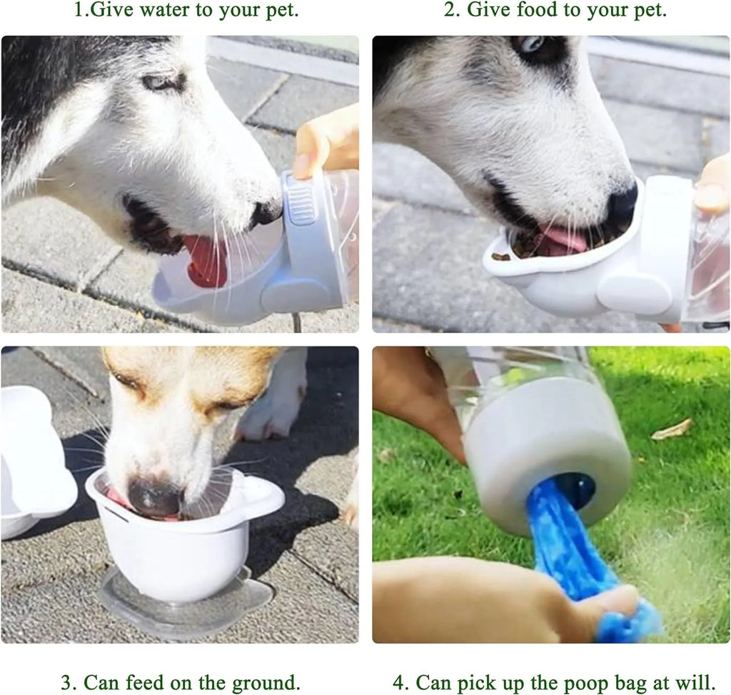 Green 3-in-1 pet water bottle with food container and garbage bag dispenser for dog walking
