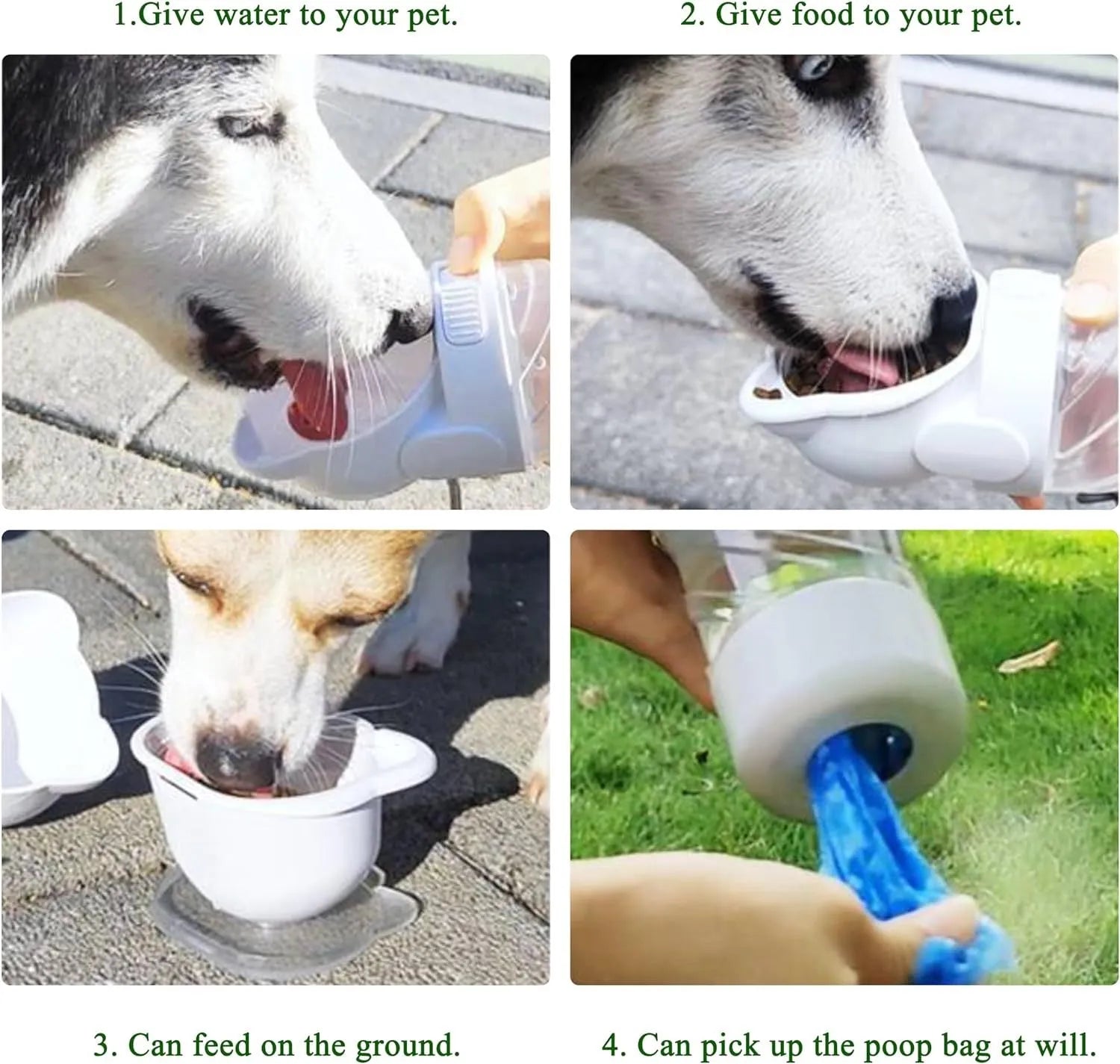 Green 3-in-1 pet water bottle with food container and garbage bag dispenser for dog walking
