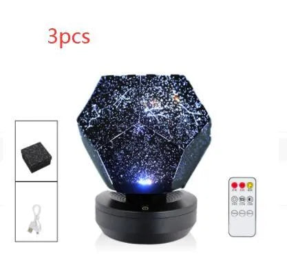 LED star projector night light showing constellation projection on bedroom ceiling with remote control