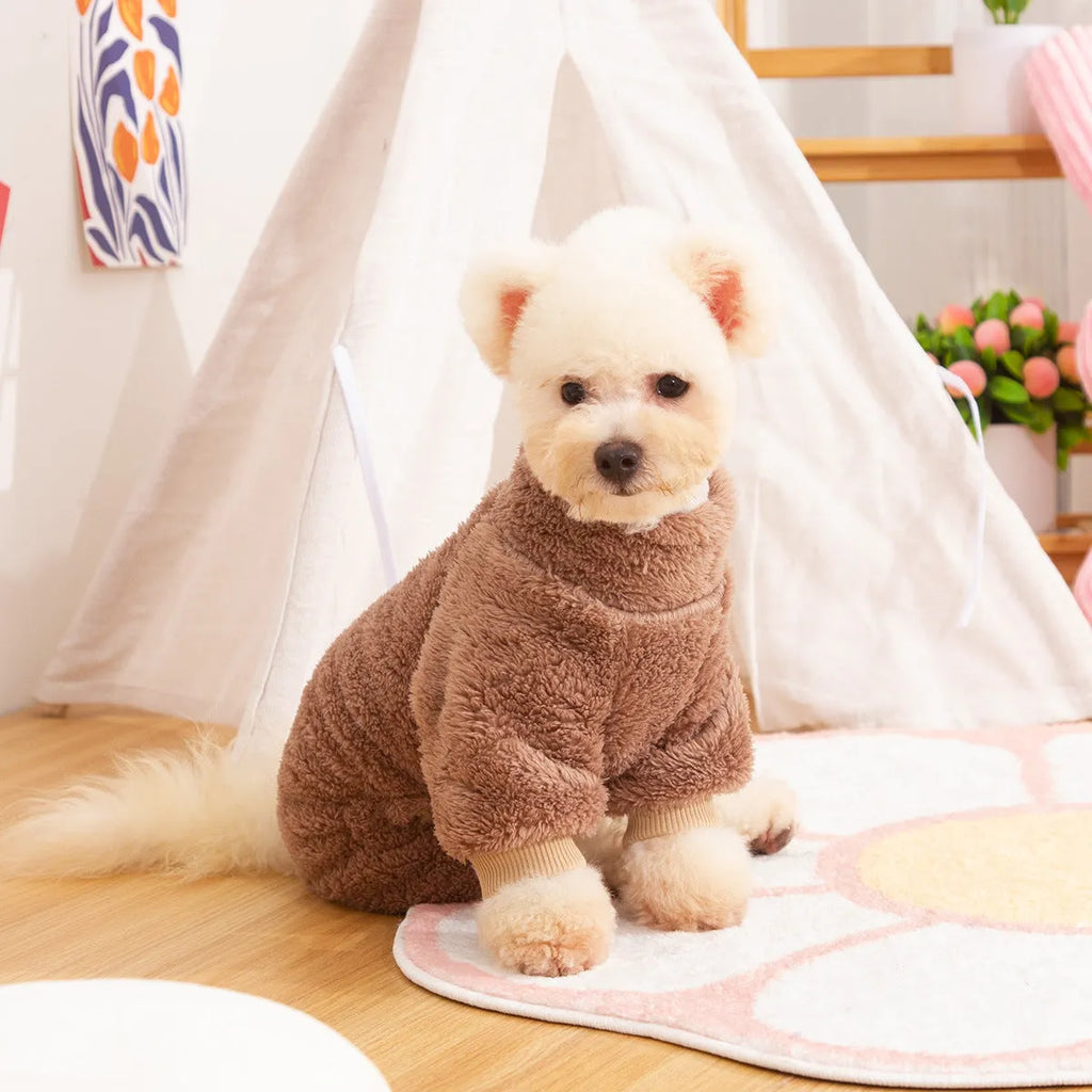 Double-sided thick plush dog clothes with high collar and towing ring in khaki colour