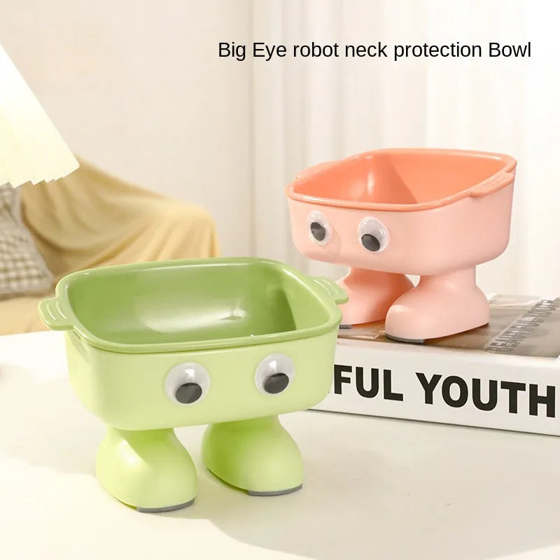 Green robot-shaped elevated cat bowl with tilted design and non-slip base