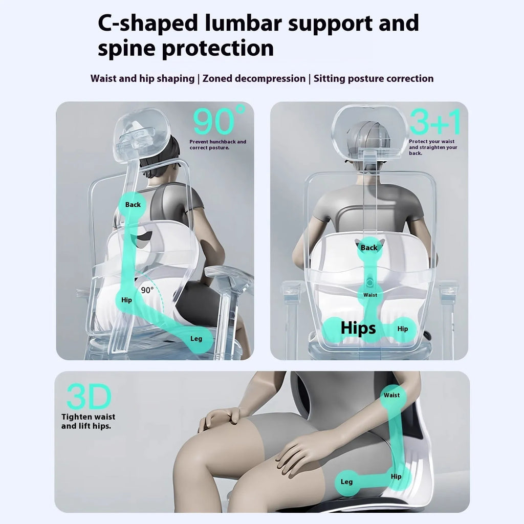 Grey lumbar support cushion on office chair for waist and lower back comfort