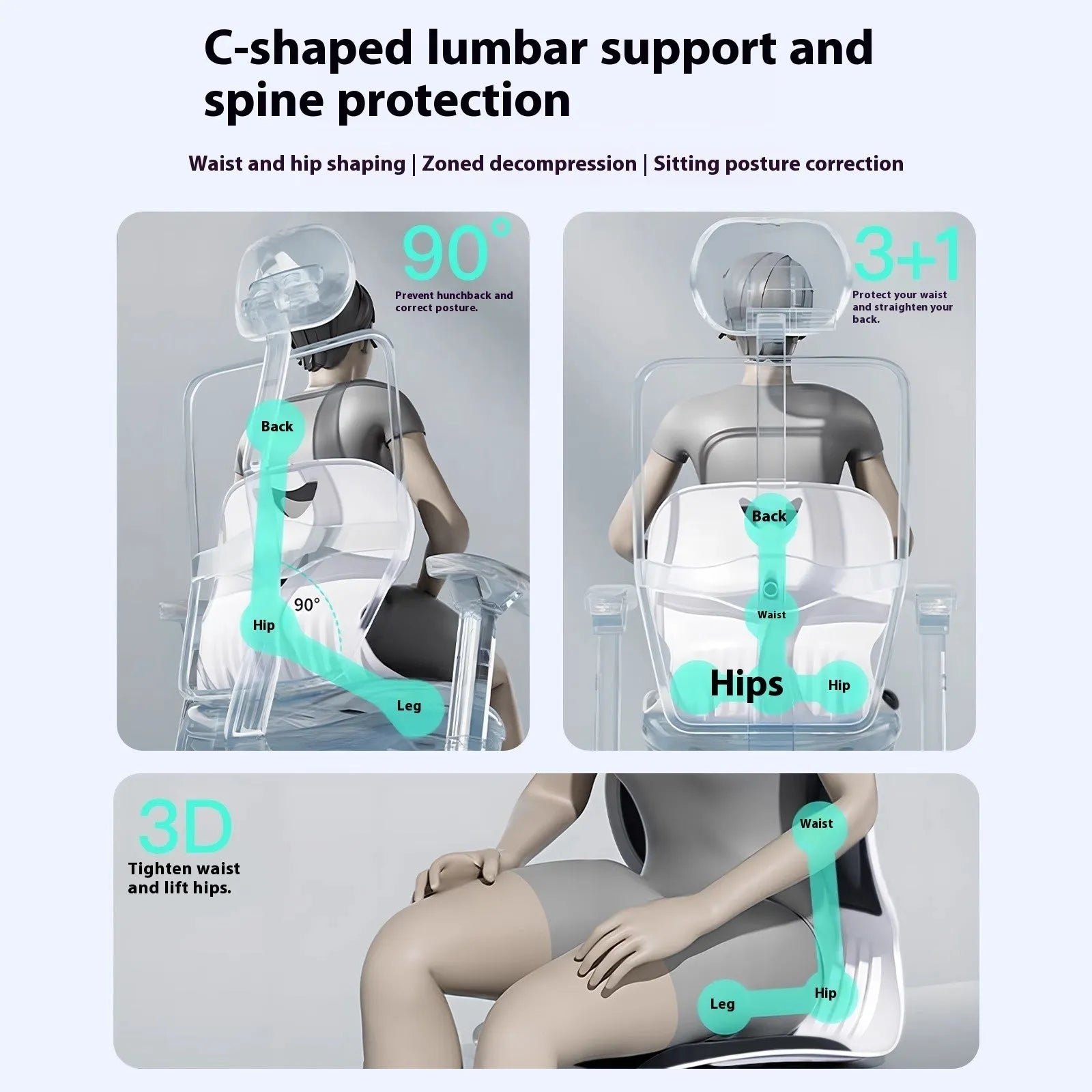 Grey lumbar support cushion on office chair for waist and lower back comfort