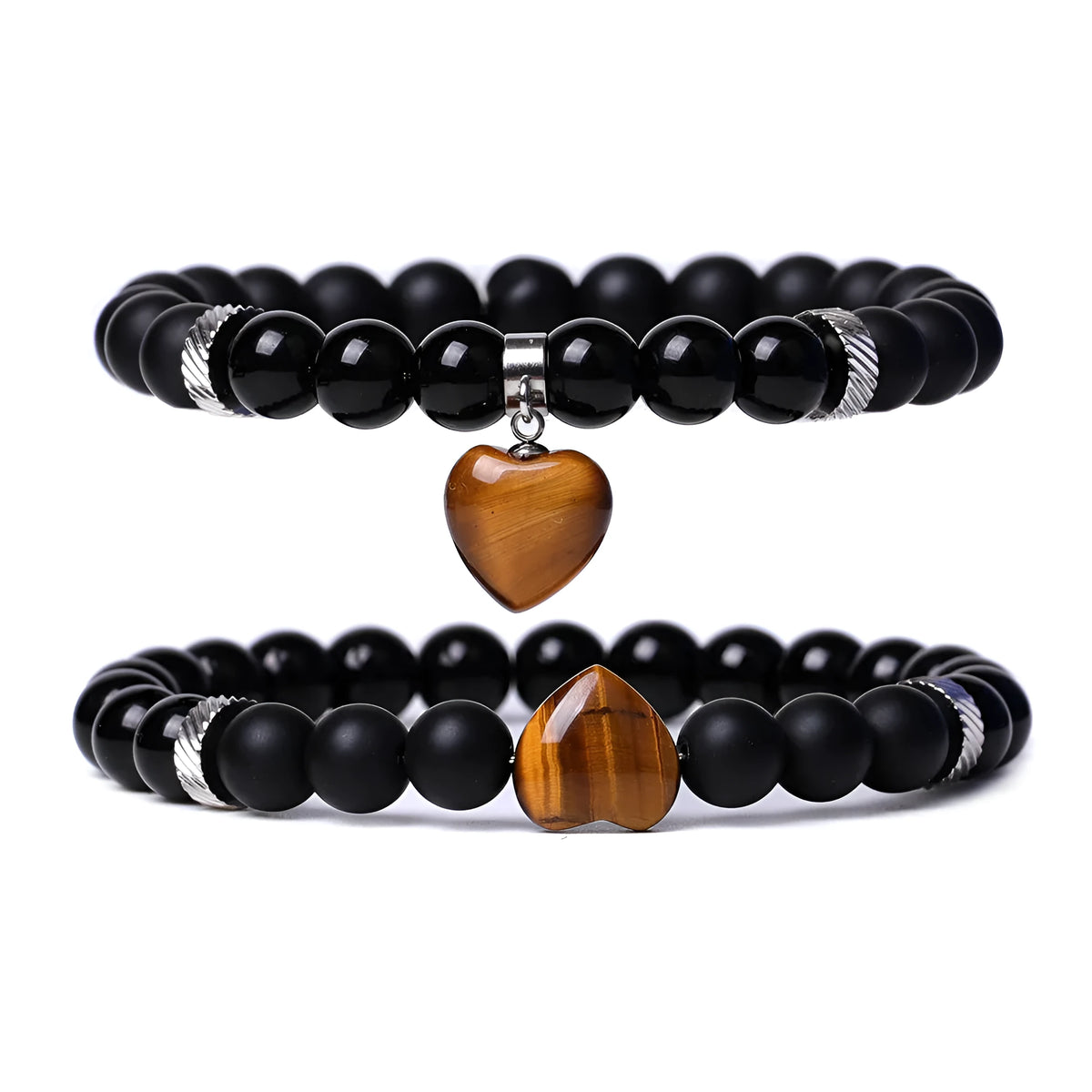 Natural stone couple bracelet set showing two matching bracelets with heart-shaped polished stone pendants