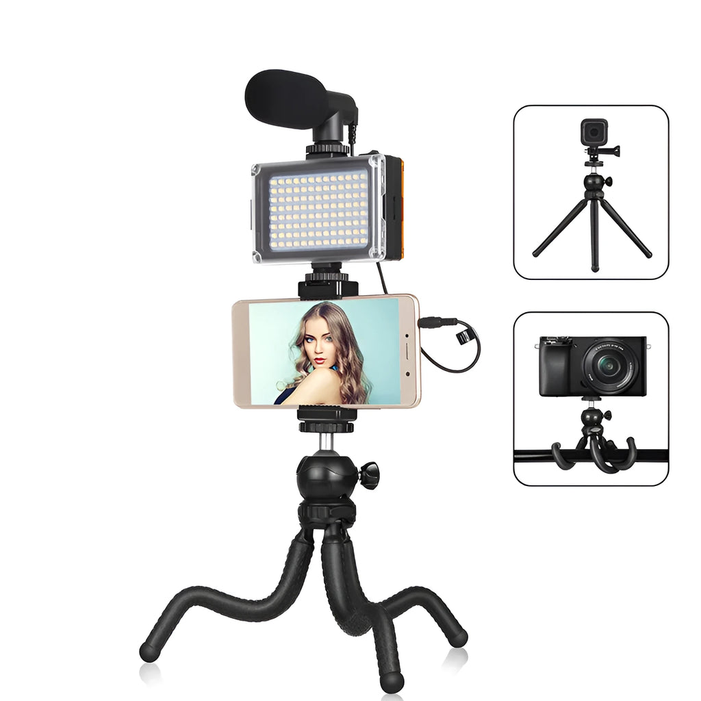 Black octopus-style flexible tripod with LED fill light and microphone for iPhone live streaming