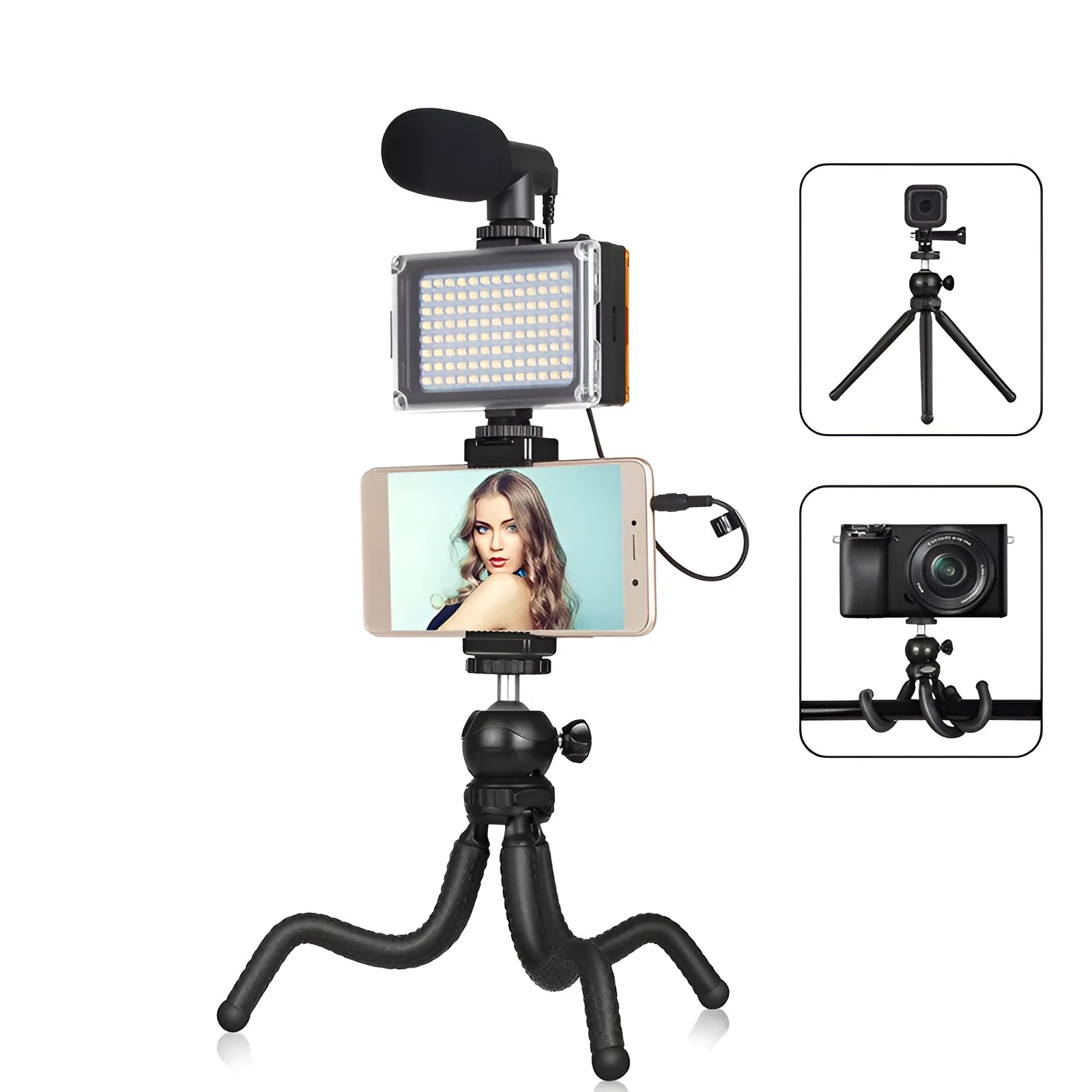 Black octopus-style flexible tripod with LED fill light and microphone for iPhone live streaming
