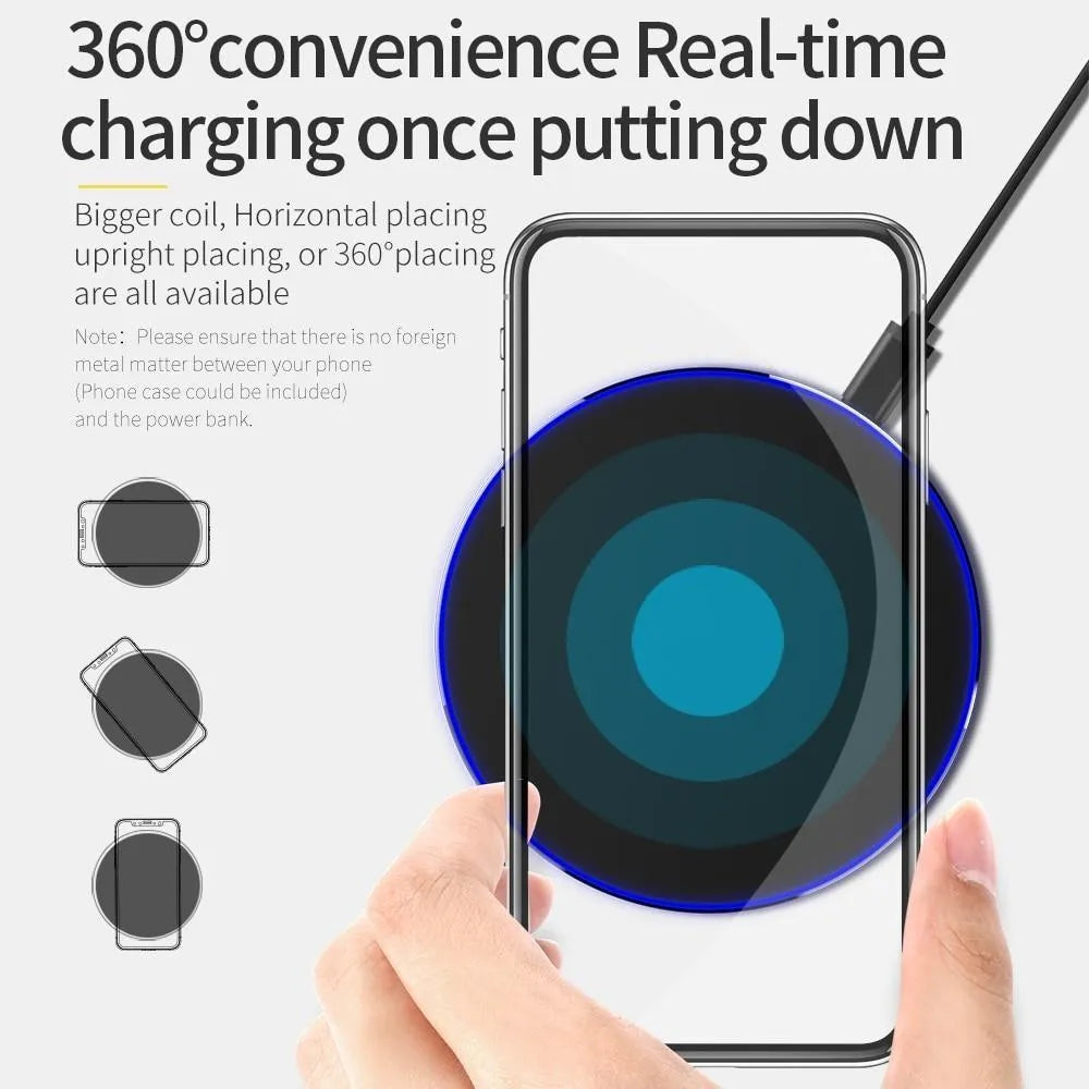 Black square wireless charging pad with ultra-thin profile and USB cable for fast 9V QI charging