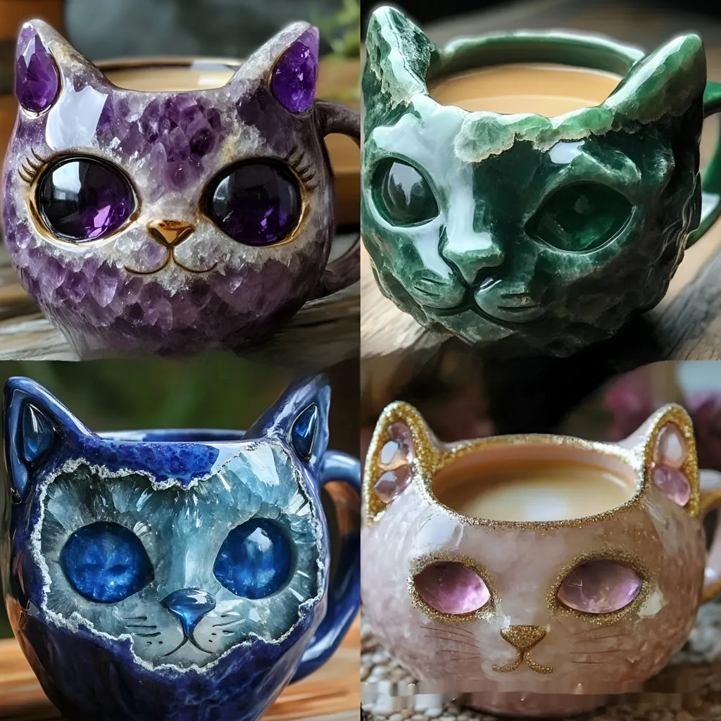 Pastel coloured geode resin mug with crystal texture and cat motif, shown in purple.
