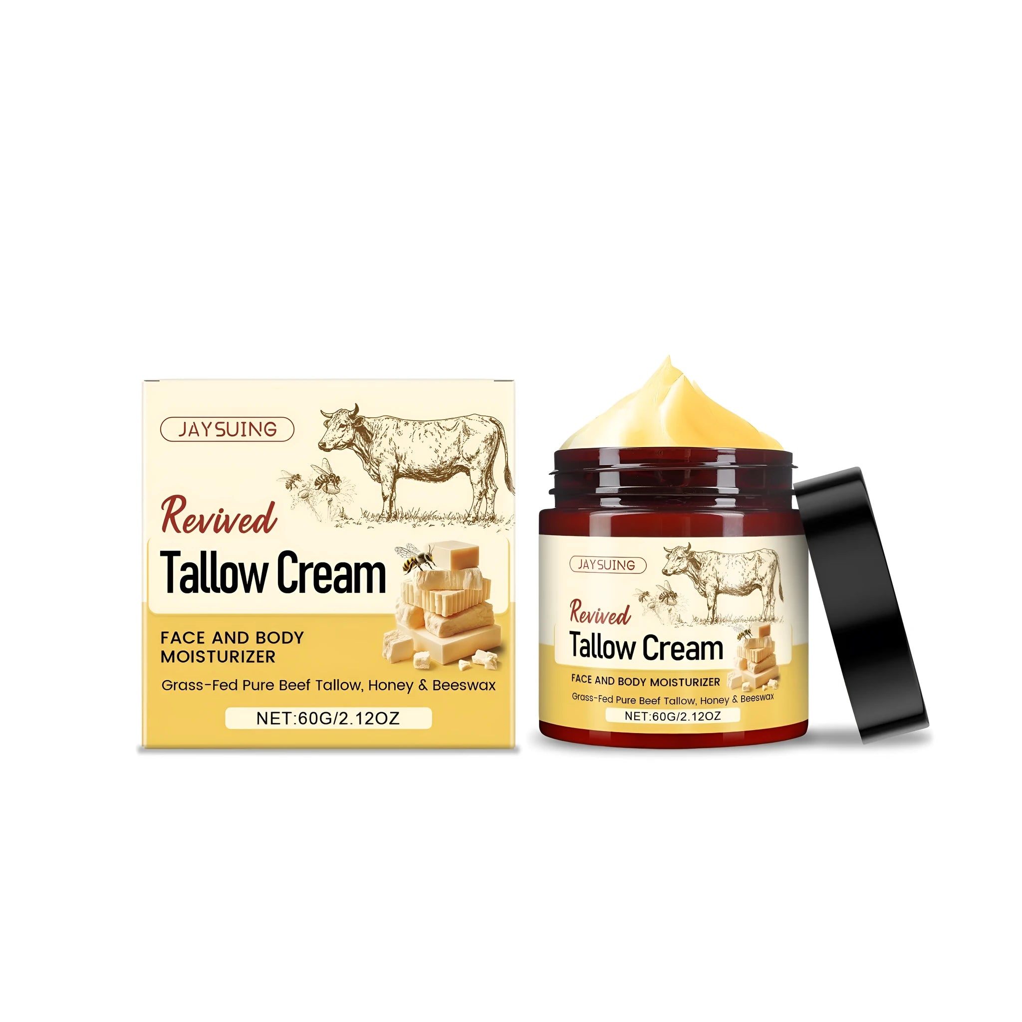 60g jar of natural tallow moisturising cream with beeswax and olive oil