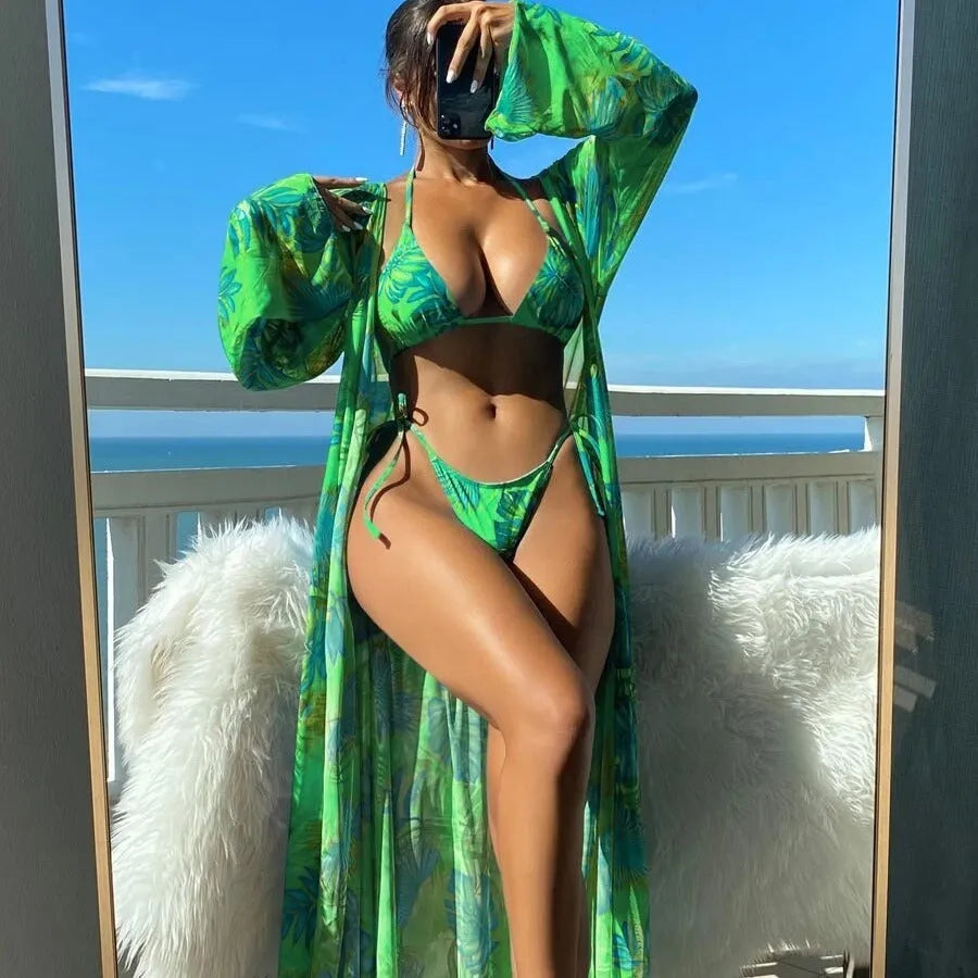 Split long sleeve ins blouse banded bikini swimwear set with floral pattern
